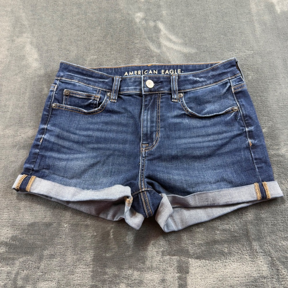 American Eagle High Rise Shortie Denim Shorts Dark Wash Stretch Size 4